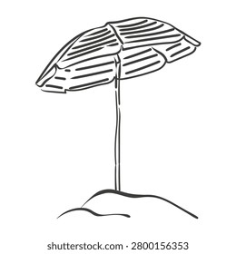 Hand-drawn ink drawing of a beach umbrella standing in the sand. Vector whimsical illustration doodle in simple crayon style. Black outline summer vacation sketch isolated on a white background.