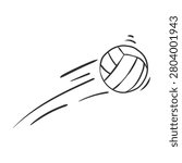 Hand-drawn ink drawing of a flying beach volleyball. Vector whimsical illustration of a summer sports doodle in simple crayon style. Black outline ball in motion sketch isolated on a white background.