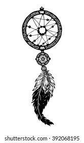 Hand-drawn with ink dream catcher with feathers. Ethnic illustration, tribal, American Indians traditional symbol. Isolated. On white background