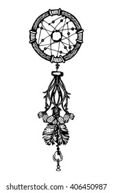 Hand-drawn with ink dream catcher with feathers. Ethnic illustration, tribal, American Indians traditional symbol. Isolated. On white background