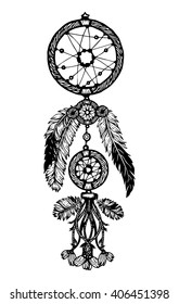 Hand-drawn with ink dream catcher with feathers. Ethnic illustration, tribal, American Indians traditional symbol. Isolated. On white background