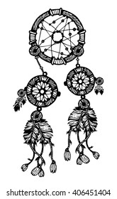 Hand-drawn with ink dream catcher with feathers. Ethnic illustration, tribal, American Indians traditional symbol. Isolated. On white background