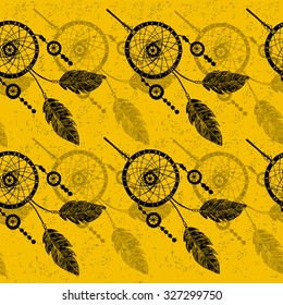 Hand-drawn with ink dreamcatcher with feathers, arrows. Seamless pattern. Ethnic illustration, tribal, American Indians traditional symbol.