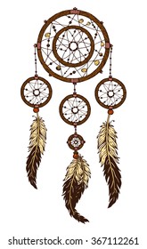 Hand-drawn with ink dreamcatcher with feathers. Ethnic illustration, tribal, American Indians traditional symbol. Tribal theme. Colorful dream catcher