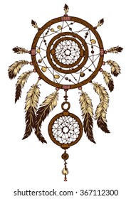 Hand-drawn with ink dreamcatcher with feathers. Ethnic illustration, tribal, American Indians traditional symbol. Tribal theme. Colorful dream catcher