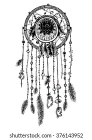 Hand-drawn with ink dreamcatcher with feathers. Ethnic illustration, tribal, American Indians traditional symbol. Isolated. On white background