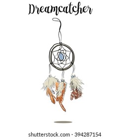 Hand-drawn with ink dreamcatcher with feathers. Ethnic illustration, tribal, American Indians traditional symbol. Tribal theme. Colorful dream catcher