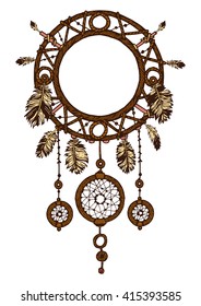 Hand-drawn with ink dreamcatcher with feathers. Ethnic illustration, tribal, American Indians traditional symbol. Tribal theme. Colorful dream catcher