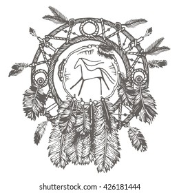 Hand-drawn with ink dreamcatcher with feathers. Ethnic illustration, tribal, American Indians traditional symbol. Isolated. On white background