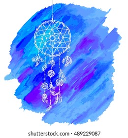 Hand-drawn with ink dreamcatcher with feathers. Ethnic illustration, tribal, American Indians traditional symbol. Hipster boho chic vector Talisman Isolated on watercolor background