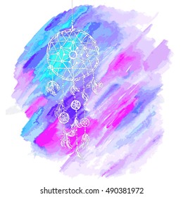 Hand-drawn with ink dreamcatcher with feathers. Ethnic illustration, tribal, American Indians traditional symbol. Hipster boho chic vector Talisman Isolated on watercolor background