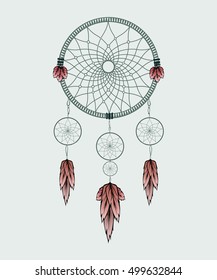 Hand-drawn with ink dreamcatcher with feathers. Ethnic illustration, tribal, American Indians traditional symbol. Tribal theme. Colorful dream catcher