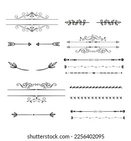 Handdrawn ink elements on white background Set of doodle design elements. Arrows, wreath, floral elements. Set hand drawn line border. Vintage vector drawing arrows to your template. Illustration 