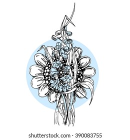 hand-drawn ink floral ornament with flowers delphinium and leaves on white background 