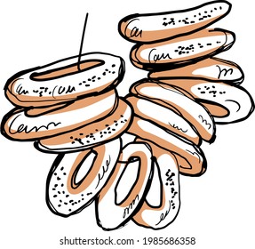 Ilustración gráfica del vector de tinta dibujada a mano con bagels.