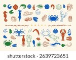 A hand-drawn ink illustration collection featuring a variety of fresh seafood, ideal for restaurant menus, culinary guides, packaging design, and gourmet branding. Vector illustration
