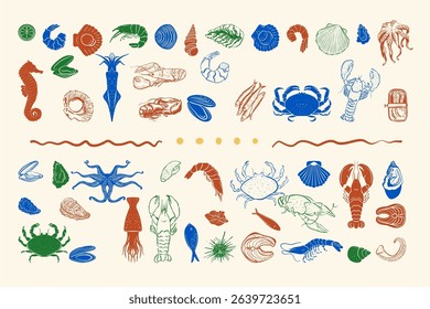 A hand-drawn ink illustration collection featuring a variety of fresh seafood, ideal for restaurant menus, culinary guides, packaging design, and gourmet branding. Vector illustration