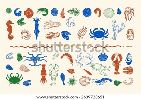 A hand-drawn ink illustration collection featuring a variety of fresh seafood, ideal for restaurant menus, culinary guides, packaging design, and gourmet branding. Vector illustration