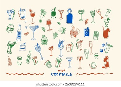 Hand-drawn ink illustration collection showcases a variety of cocktail designs, ideal for menus, bar decor, and party invitations. Vector illustration