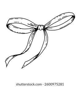 Hand-drawn ink illustration of a decorative ribbon bow, tied in an elegant and graceful style. Perfect for festive compositions, packaging, gifts, and vintage-style design projects