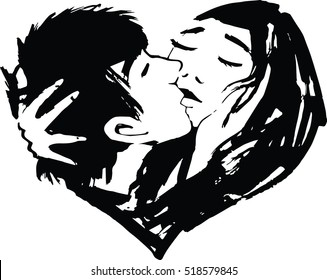 Handdrawn ink illustration of kissing couple in shape of heart. Ideal design element for creating the Valentine Day cards, wedding invitations, postcards, flyers and so on. 