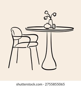 Hand-drawn ink illustration of modern round table and dining chair. Line art cafes interior design silhouette. Whimsical sketch drawing of trendy furniture and decor. Vector graphic