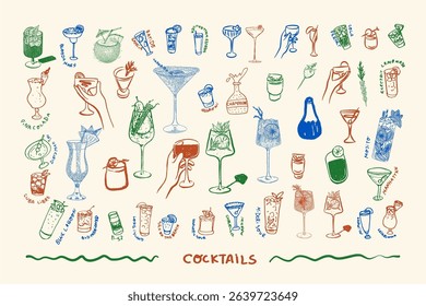 Hand-drawn ink illustrations of cocktails, ideal for bar menus, party invitations, mixology guides, and decor. Perfect for modern bartenders, events, and beverage branding. Vector illustration