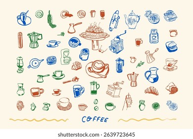 Hand-drawn ink illustrations of coffee-related items perfect for use in cafe menus, kitchen decor, coffee shop branding, and beverage packaging designs. Vector illustration
