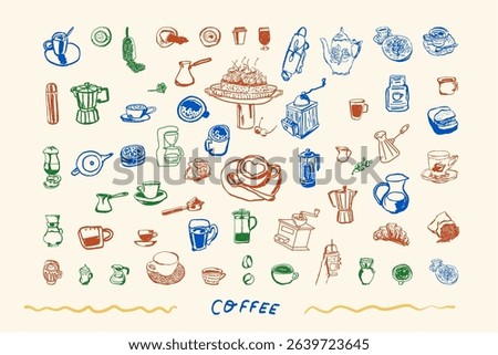 Hand-drawn ink illustrations of coffee-related items perfect for use in cafe menus, kitchen decor, coffee shop branding, and beverage packaging designs. Vector illustration