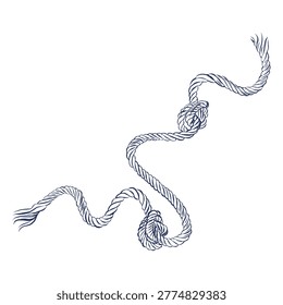 A hand-drawn ink nautical rope with a double knot on a white background. Vector illustration for nautical design. Dark blue nautical rope for printing on fabric and paper, for decor and design.