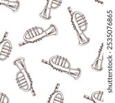 A hand-drawn ink seamless pattern of a vintage musical trumpet. Musical trumpet toy. Outline on a white background, vintage vector illustration.