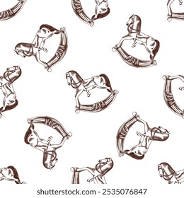 A hand-drawn ink  seamless pattern of  a vintage wooden baby rocking horse. Outline on a white background, vintage vector illustration.   Vintage sketch element for labels, packaging and cards design.