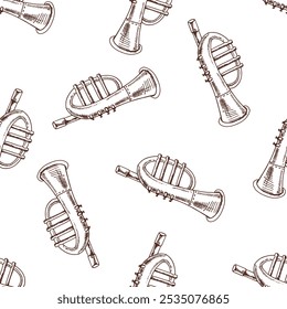 A hand-drawn ink seamless pattern of a vintage musical trumpet. Musical trumpet toy. Outline on a white background, vintage vector illustration.