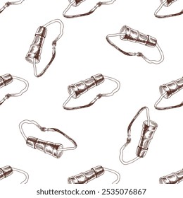 A hand-drawn ink seamless pattern of a vintage spyglass. Outline on a white background, vintage vector illustration.   Vintage sketch element for labels, packaging and cards design.
