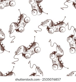 A hand-drawn ink seamless pattern of  a wooden toy dog on wheels. Outline on a white background, vintage vector illustration.   Vintage sketch element for labels, packaging and cards design.