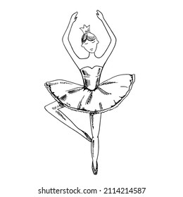 A hand-drawn ink sketch of  a  ballerina. Outline on a white background, vintage vector illustration.   Vintage sketch element for labels, packaging and cards design.