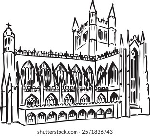 Hand-drawn ink sketch of Bath Abbey. Travel, history, Gothic architecture, British landmarks drawings. Simple black and white illustration isolated on white. England tourist attraction sketches.