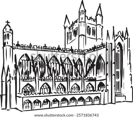 Hand-drawn ink sketch of Bath Abbey. Travel, history, Gothic architecture, British landmarks drawings. Simple black and white illustration isolated on white. England tourist attraction sketches.