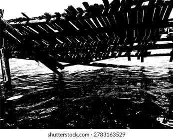 Hand-drawn ink sketch of a broken bamboo bridge over rippling water. Moody linocut vector illustration of damaged rural infrastructure and river current in high contrast black and white.