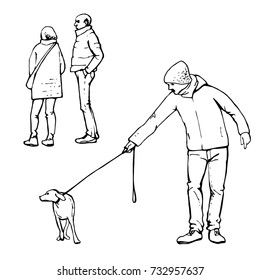 Hand-drawn ink sketch of people dressed in winter clothes. A man takes his stubborn dog for a walk. 