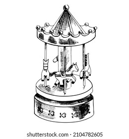 A hand-drawn ink sketch of  a vintage toy carousel. Outline on a white background, vintage vector illustration.   Vintage sketch element for labels, packaging and cards design.