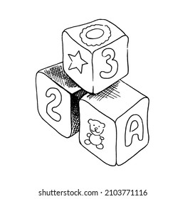 A hand-drawn ink sketch of  vintage wooden cubes. Outline on a white background, vintage vector illustration.   Vintage sketch element for labels, packaging and cards design.