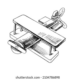 A hand-drawn ink sketch of  a vintage wooden airplane. Outline on a white background, vintage vector illustration.   Vintage sketch element for labels, packaging and cards design.