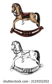 A hand-drawn ink sketch of  a vintage wooden baby rocking horse. Outline  vintage vector illustration.   Vintage sketch element for labels, packaging and cards design.