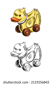 A hand-drawn ink sketch of  a wooden toy duck on wheels. Outline vintage vector illustration.   Vintage sketch element for labels, packaging and cards design.