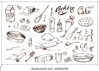 hand-drawn ink sketches icons on the culinary theme - kitchen utensils, fruit, pastry. Cooking cake. Vintage isolated detailed vector. to design menu, recipes books and packaging