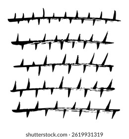 traços de tinta desenhados à mão semelhantes a ramos de espinhos, texturas grunge isoladas no fundo branco, conjunto de pincéis de tinta desenhados à mão, ilustração vetorial