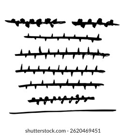 traços de tinta desenhados à mão semelhantes a ramos de espinhos, texturas grunge isoladas no fundo branco, conjunto de pincéis de tinta desenhados à mão, ilustração vetorial