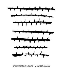 traços de tinta desenhados à mão semelhantes a ramos de espinhos, texturas grunge isoladas no fundo branco, conjunto de pincéis de tinta desenhados à mão, ilustração vetorial