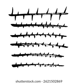 hand-drawn ink strokes resembling thorn branches, grunge textures isolated on white background, set of hand-drawn ink brushes, vector illustration